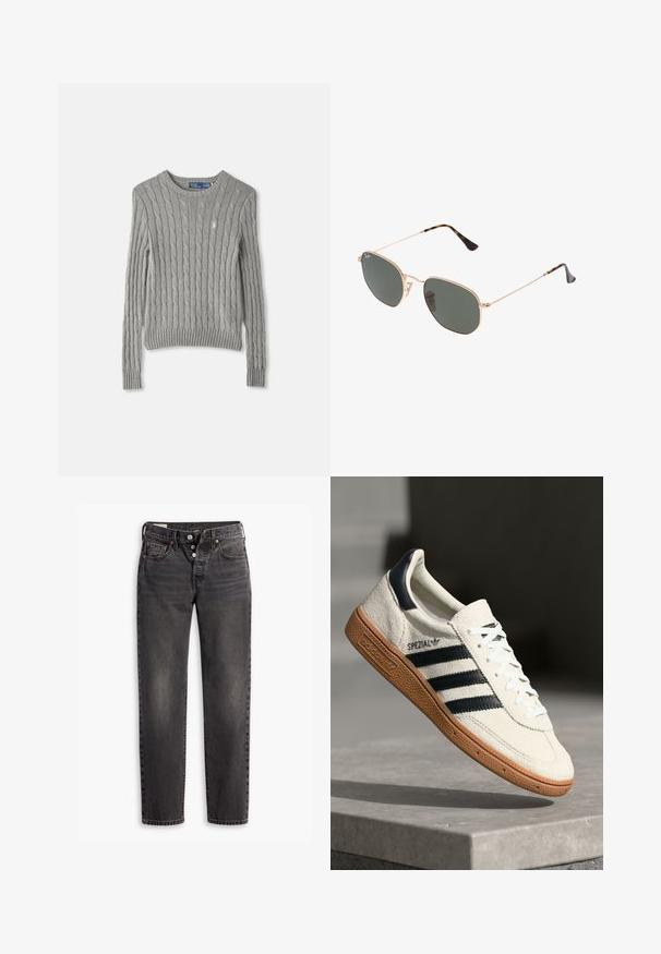 Pilkas kabelių mezgimo megztinis su ilgomis rankovėmis, įgula apačia ir apvalia kaklo linija. Maža logotipo detalė ant krūtinės.; Tamsiai pilki džinsai su tiesia kojų kirpimu, su sagų užtrauktuku, dėvėtu tekstūru ir subtiliu išblukimu priekinėse dalyse.; Baltos odinės sportinės bateliai su tamsiai mėlynomis juostelėmis, guminis padas, tekstūruotas viršus, apvalus nosis ir šnervės; turi prekės ženklą šone ir ant liežuvėlio.; Auksiniai metaliniai akiniai nuo saulės su tamsiai žaliomis lęšiais, aviator tipo, su siaurais rėmeliais ir kilpiniu akmeniu ant galiukų.; Pilka sintetinio audinio rankinė su dviem ilgais laikikliais ir atitinkama mažąja užtraukiama kišenėle, papuošta kutu. Lygi tekstūra su subtiliu raštu.