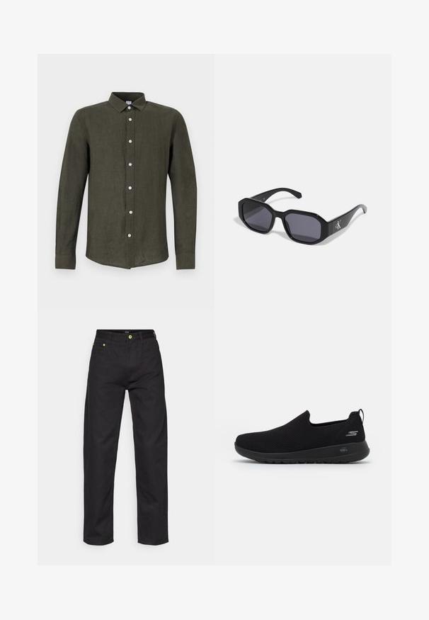Damart INTERLOCK - Strickpullover - White; Dunkelgrünes Langarmhemd aus Leinen. Verfügt über eine durchgehende Knopfleiste mit hellen Knöpfen und einen Kragen für eine strukturierte Optik.; Schwarze Denim-Hosen mit geradem Schnitt, ausgestattet mit grünen Akzentknöpfen und klassischem Fünf-Taschen-Design. Glatte Textur, klassischer Stil.; Schwarzer Slip-On Sneaker mit atmungsaktivem Mesh-Obermaterial, runder Zehenpartie und gepolsterter Gummisohle. Mit einem Logo an der Seite.; Schwarze Sonnenbrille mit achteckigem Rahmen, dunklen Gläsern, glänzendem Kunststoffmaterial und einem silbernen Logoakzent auf einer Seite.