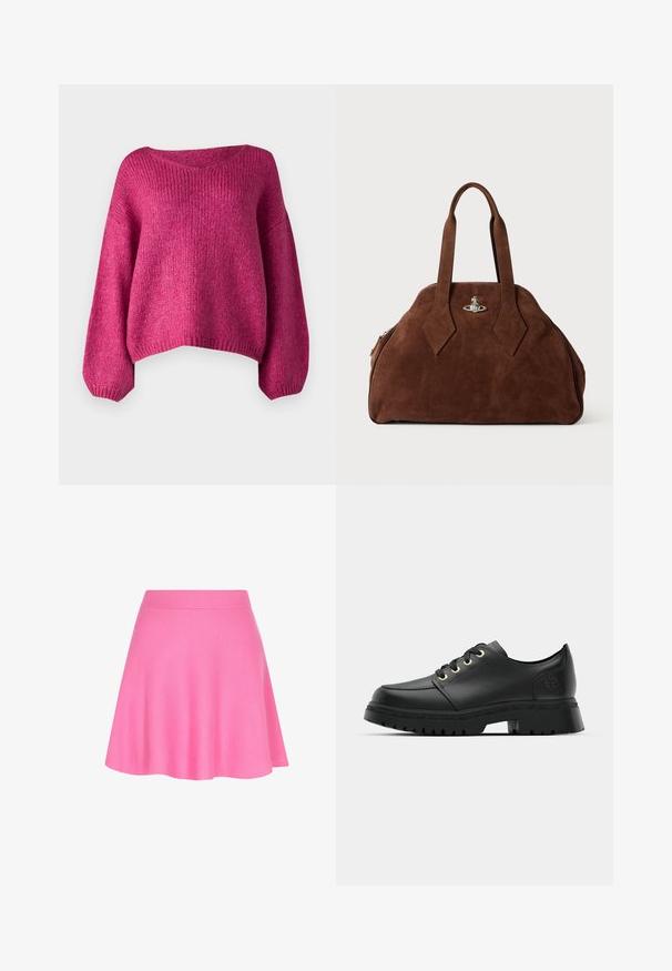 JDY JDYDINEA REVERSIBLE - Strickpullover - cactus flower; Rosa Strickrock mit einem taillierten Bund und schwingendem Design, aus weichem Material gefertigt, das eine glatte Textur verleiht.; Schwarze Leder-Schnürschuhe mit goldenen Ösen, einer abgerundeten Spitze, einer strukturierten Gummisohle und einem klobigen Absatz mit gemustertem Profil.; Braune Wildleder-Handtasche mit strukturiertem Design, abgerundeter Form und länglichen, diamantförmigen Griffen. Mit einem silbernen Metallverschluss ausgestattet.