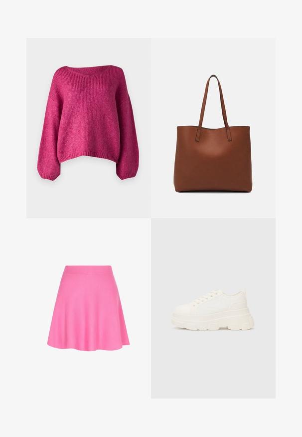 JDY JDYDINEA L/S REVERSIBLE - Maglione - cactus flower; Gonna rosa a maglia con fascia in vita aderente e design svasato, realizzata in un tessuto morbido che conferisce una consistenza liscia.; Sneaker bianca in tela con suola spessa, punta arrotondata e cinque occhielli per i lacci. Linguetta sul retro per una facile calzata. Texture liscia, design minimalista.; Borsa tote in pelle marrone con texture liscia, design con apertura superiore e due spallacci. Presenta cuciture minime e nessun hardware visibile.