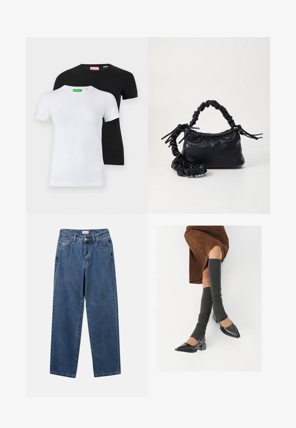 Burgundský svetr s texturovaným, včelím vzorem, kulatým výstřihem, dlouhými rukávy a žebrovanými manžetami a spodním lemem.; Černé a bílé trička s krátkým rukávem vyrobená z bavlny. Černé tričko má růžovou etiketu, zatímco bílé má zelenou etiketu na límci.; Klasické modré džíny z denimu se střihy rovné nohy, pěti kapsami a zapínáním na knoflík. Mají střední odstín a odolnou texturu.; Černé lakované boty s špičatou špičkou, blokovým podpatkem a kotníkovým páskem, spárované s šedými žebrovanými návleky na nohy a hnědskou sukní z semiše.; Černá kabelka z umělé kůže s krokodýlím vzorem, staženým vrškem a zmačkaným popruhem. Zdá se, že má měkký a kompaktní design.