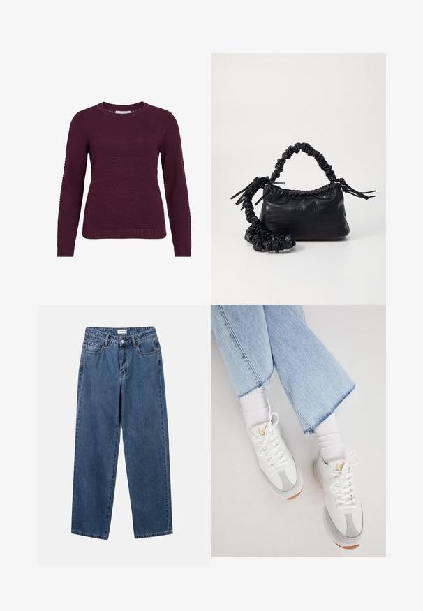 Burgunderfarbener Pullover mit strukturiertem Wabenmuster, rundem Hals, langen Ärmeln sowie gerippten Bündchen und Saum.; Klassische blaue Denim-Jeans mit geradem Bein, fünf Taschen und Knopfverschluss. Sie verfügen über eine mittelblau gewaschene Optik und sind aus robuster Textur.; Weiße Sneakers mit grauen Akzenten, aus Leder und Wildleder. Besitzen eine strukturierte Oberfläche, Schnürsenkel und eine Gummisohle. Getragen mit hellblauen, knöchellangen Jeans.; Schwarze Handtasche aus Kunstleder mit Krokodilstruktur, gerafftem oberen Teil und einem geschoppten Tragegurt. Sie wirkt weich und kompakt im Design.