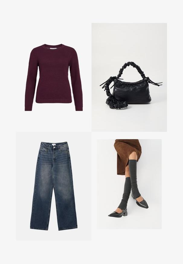 Bordo pulover s teksturiranim, saće uzorkom, okruglim vratom, dugim rukavima i rebrastim manžetama i donjim rubom.; Muške traperice visokog struka u plavoj boji, širokih nogavica, s prednjim gumbom i patentnim zatvaračem, te prednjim i stražnjim džepovima.; Crne lakirane cipele s šiljastim prstima, blok-petom i remenom oko gležnja, uparene s sivim rebrastim čarapama do koljena i smešnom suknjom od antilopa.; Crna torba od umjetne kože s teksturom krokodila, s cinčanim vrhom i naboranom trakom. Izgleda mekano i kompaktno u dizajnu.