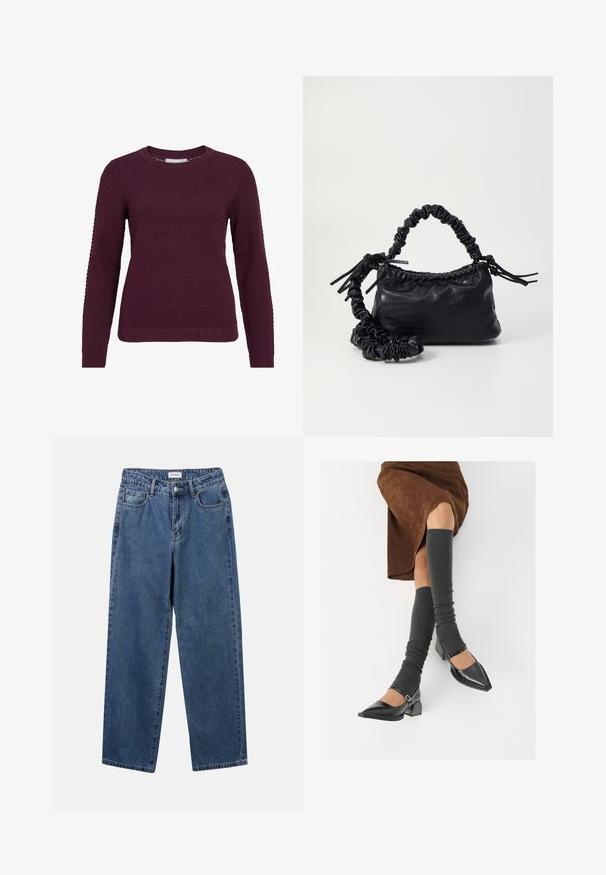 Burgundský svetr s texturovaným, včelím vzorem, kulatým výstřihem, dlouhými rukávy a žebrovanými manžetami a spodním lemem.; Klasické modré džíny z denimu se střihy rovné nohy, pěti kapsami a zapínáním na knoflík. Mají střední odstín a odolnou texturu.; Černé lakované boty s špičatou špičkou, blokovým podpatkem a kotníkovým páskem, spárované s šedými žebrovanými návleky na nohy a hnědskou sukní z semiše.; Černá kabelka z umělé kůže s krokodýlím vzorem, staženým vrškem a zmačkaným popruhem. Zdá se, že má měkký a kompaktní design.
