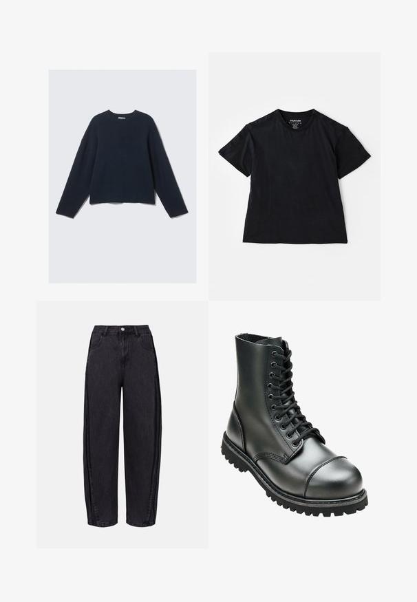 Pulover tricotat bleumarin, cu mânecă lungă, guler rotund și umeri ușor căzuți, pe un fundal deschis simplu.; Cămașă neagră cu mânecă scurtă și guler rotund, realizată dintr-un material moale. Prezintă cusături minimale și un etichetă la guler.; Jeans negre cu picioare largi, realizate din denim cu o textură netedă. Prezintă talie înaltă, buzunare frontale și închidere cu buton la talie.; Cizme de luptă din piele neagră, cu gleznă înaltă, vârf rotund, sistem de strângere cu șireturi și talpă din cauciuc rezistentă cu model adânc pentru aderență.