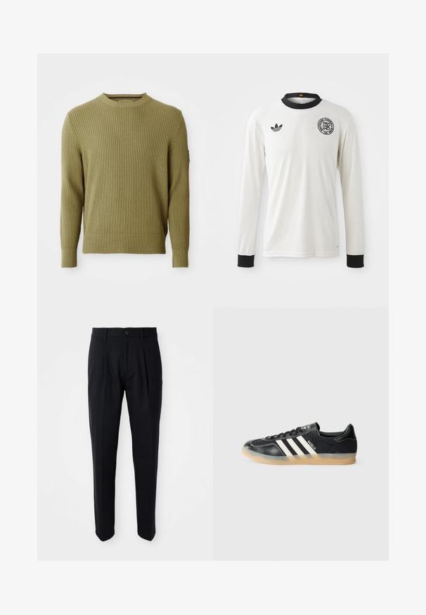 Hedvábně pletený olivově zelený svetr s dlouhým rukávem a kulatým výstřihem, s přiléhavými manžetami a malou nášivkou na levém rukávu.; Bílý fotbalový dres s dlouhým rukávem, s ribovanou texturou, černým límcem a manžetami, s černým logem Adidas a kruhovým grafickým emblémem.; Černé kalhoty na míru s předními záhyby, zapínáním na knoflík a poutky na opasek, vystavené na bílém pozadí.; Černé sportovní tenisky s bílými pruhy, texturovaná látka, hladká kožená špička a gumová podrážka. Obsahují logo na jazyku.