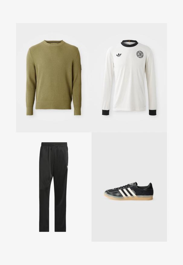 Ribbed knit olive green long-sleeve crew neck sweater with fitted cuffs and a small patch detail on the left sleeve.; White long-sleeve soccer jersey with a ribbed texture, black collar and cuffs, featuring black Adidas logo and circular graphic emblem.; Black athletic pants made of smooth, lightweight material. Features an elastic waistband and white side stripes with a logo on the thigh.; Black athletic sneaker with white stripes, textured fabric, smooth leather toe, and a gum rubber sole. Features logo on tongue.