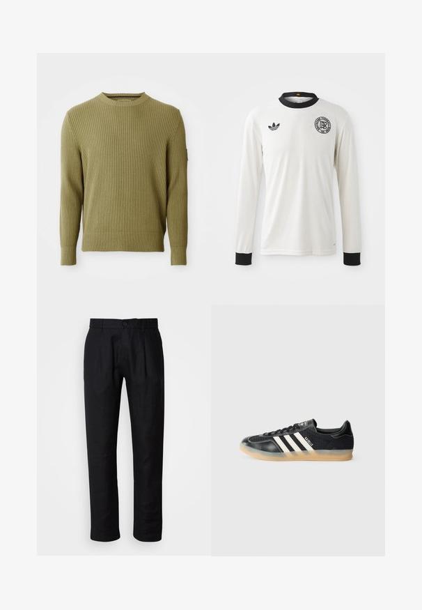 Geribbelde gebreide olijfgroene lange mouw trui met ronde hals, fitted manchetten en een klein patchdetail op de linker mouw.; Witte lange mouwen voetbaltrui met ribbelstructuur, zwarte kraag en manchetten, met een zwart Adidas-logo en een cirkelvormig grafisch embleem.; Zwarte rechte broek met riemlussen, sluiting met een knoop aan de voorkant en zijzakken, weergegeven op een lichte achtergrond.; Zwarte sportieve sneaker met witte strepen, textielstof, glad leren neus en een gumrubberen zool. Bevat het logo op de tong.