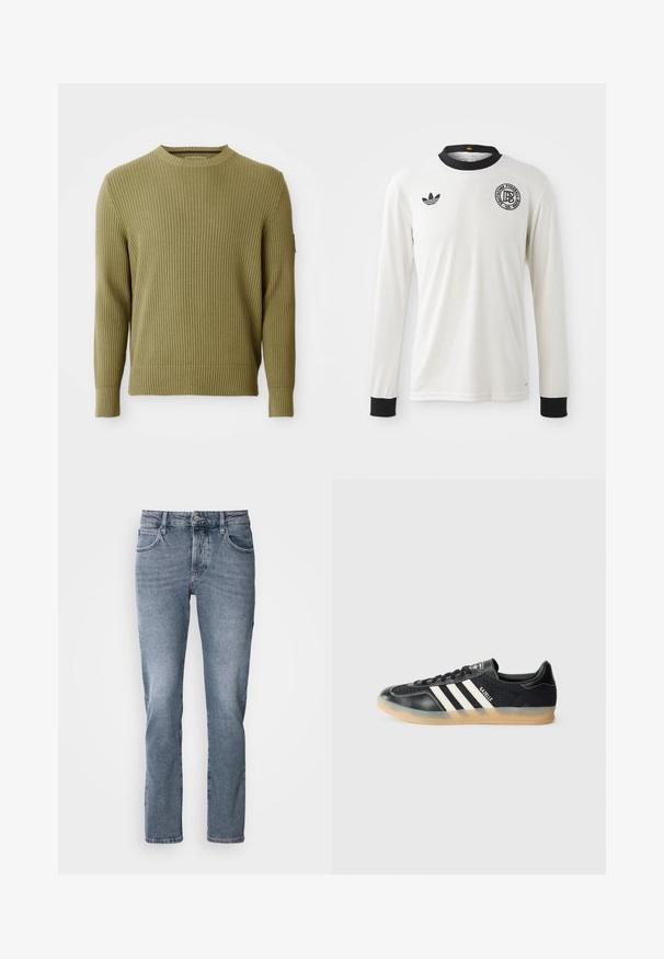 Ribbet strikket olivengrøn langærmet crew neck sweater med tætsiddende manchetter og en lille patchdetalje på venstre ærme.; Hvid fodboldtrøje med lange ærmer og ribbet tekstur, sort krave og manchetter, med sort Adidas-logo og cirkulært grafisk emblem.; Lyseblå denimjeans med lige pasform, fem-lomme design og subtilt slid. Har en knaplukning og bælteløkker.; Sorte sportsko med hvide striber, tekstureret stof, glat lædertå og gummisål. Har logo på tungen.