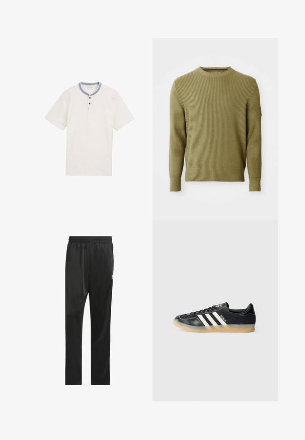Hladký olivovo zelený dlhý rukáv sveter s kulatým výstrihom, s vypasovanými manžetami a malým detailom nášivky na ľavom rukáve.; Biela košeľa s krátkym rukávom a okrúhlym golierom, modrými detailmi, tromi čiernymi gombíkmi a pruhovanými akcentmi pod výstrihom.; Čierne športové nohavice vyrobené z hladkého, ľahkého materiálu. Obsahujú elastický pás a biele bočné pruhy s logom na stehne.; Čierne športové tenisky s bielymi pruhmi, textilný povrch, hladký kožený špička a gumená podrážka. Obsahuje logo na jazyku.
