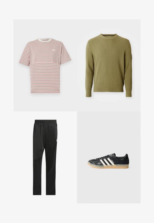 Ribbed knit olive green long-sleeve crew neck sweater with fitted cuffs and a small patch detail on the left sleeve.; Striped t-shirt featuring horizontal lines in pink, navy, and white. Ribbed crew neck and a small logo on the chest. Cotton material.; Black athletic pants made of smooth, lightweight material. Features an elastic waistband and white side stripes with a logo on the thigh.; Black athletic sneaker with white stripes, textured fabric, smooth leather toe, and a gum rubber sole. Features logo on tongue.