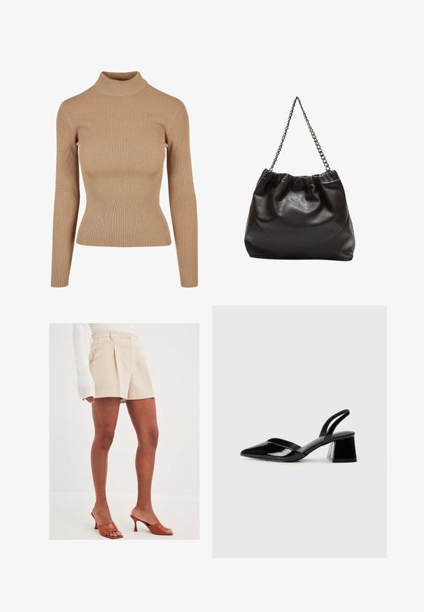 Pitkähiha, korkea kaula-aukko beige ribbikankaasta, istuva malli, jossa on pystysuorat raidat tekstuurina ja sileä pinta.; Beige lyhyet housut, joissa on laskoksia ja sivutaskut, valmistettu kevyestä materiaalista. Yhdistetty ruskeisiin avonaisiin korkokenkiin.; Mustat patentoitu nahkakengät, joissa on säären takaosa ja terävä kärki, sekä geometrinen palikkakorko. Sisältää tyylikkään, minimalistisen muotoilun ja sileän pinnan.; Ruskea nahkainen laukku, jossa on kerätty yläosa ja ketjuhihna. Tasainen pinta, jossa kiiltävä viimeistely ja hienovaraiset sauman yksityiskohdat sivuilla.