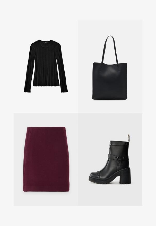 Haut noir à manches longues en tissu côtelé. Présente un col rond et un design texturé avec des poignets évasés. Style léger et ajusté.; Vero Moda VMFORTUNALLISON SHORT - Jupe trapèze - winetasting; Bottines en cuir noir avec un talon haut épais, détail de boucle sur le côté, et clous décoratifs le long de la couture avant. Semelle en caoutchouc texturée.; Sac fourre-tout en cuir noir avec une texture lisse, de forme rectangulaire et deux longues poignées. Pas de matériel ou d'ornementations visibles.