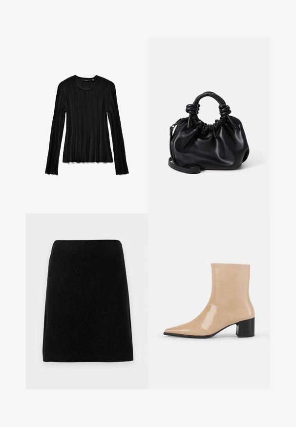 Zwarte lange mouwen top van ribstof. Heeft een ronde halslijn en een textuurontwerp met uitlopende manchetten. Lichtgewicht en aansluitende stijl.; Zwarte minirok van zacht materiaal, met een rechte snit en naadloze tailleband, zonder zichtbare sluitingen of patronen.; Beige patenten leren enkellaarsjes met een spitse neus en een chunky zwarte hak. Strakke, gladde textuur met een minimalistisch ontwerp.; Zwarte leren handtas met een geplooid ontwerp, korte ronde handvatten en een afneembare schouderriem. Glad oppervlak met een zachte silhouet.