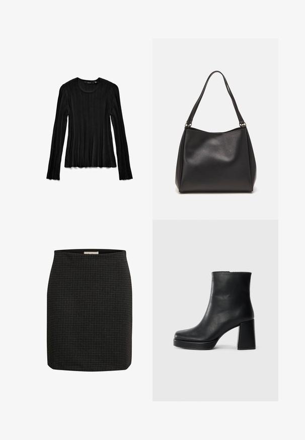Juoda ilgomis rankovėmis palaidinė, pagaminta iš banguoto audinio. Turi apvalų iškirpimą ir tekstūruotą dizainą su plačiomis rankovėmis. Lengvas ir prigludęs stilius.; Juodos houndstooth rašto sijonas su prigludusia forma, tiesia siluetu ir lygiu paviršiumi. turi juosmenį, kad užtikrintų papildomą komfortą.; Juodas odinis kulkšninis botas su bloku ir platformos padu, matomas šoniniu vaizdu ant balto fono.; Juodas sintetinis odos rankinukas su minkšta tekstūra, hobo formos ir dviem petnešomis; turi blizgų paviršių ir minimalistinį dizainą.