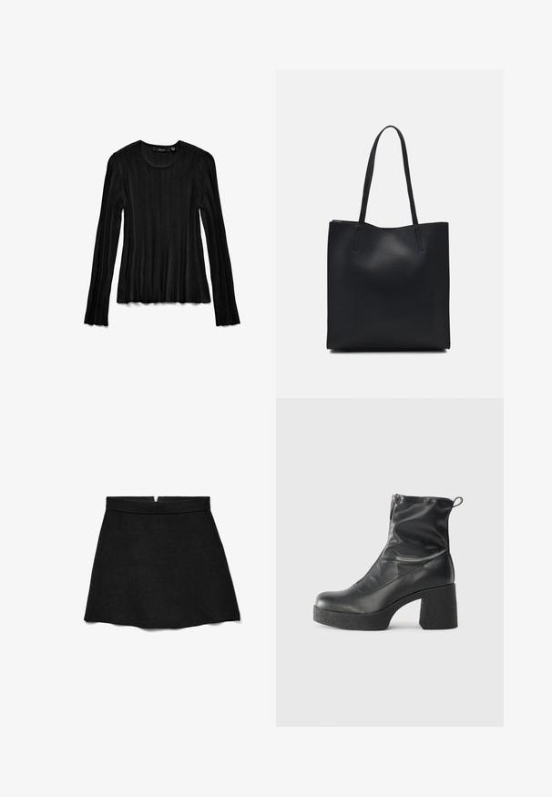 Musthave musta pika varrukaga topp, mis on valmistatud ribakanga. Omab ümmargust kaelust ja tekstuurset disaini, millel on laienevad mansetid. Kerge ja keha kõrval olev stiil.; Mustast, hõlmikstiilis lühike seelik, valmistatud pehmest kangast. Omab siledat vöökohajoonist ja tagaküljel asuvat diskreetset tõmblukku sulgemiseks.; Mustad mustad ansapüksid, mis on valmistatud siledast nahast, külje zipperiga, paksu tekstuuriga kontsaga ja ümmarguse nina disainiga.; Mustast nahast kott sujuva tekstuuriga, ristkülikukujuline ja kahe pika sangaga. Pole nähtavat riistvara ega kaunistusi.