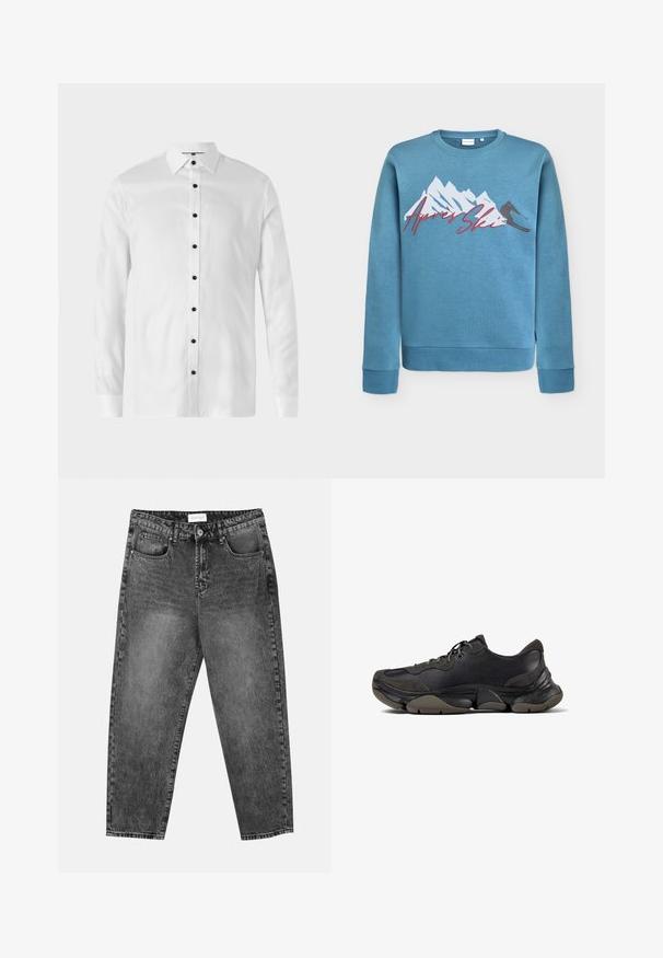 Vaaleansininen huppari, jossa on vuori- ja suksij grafikointi, ja "Après Ski" punaisella kursiivilla. Pyöreä kaula-aukko ja ribatut hihansuut sekä helma. Puuvillaseosmateriaali.; Valkoinen pitkähihaisten nappipaidan, jossa on mustat napit, klassinen kaulus ja sileä rakenne, suunniteltu istumaan räätälöidysti.; Mustat pesetyt suorat farkut, joissa on etu- ja takataskut, vyölenkit ja nappisuljenta vyötäröllä.; Musta urheilukengät, joissa on tekstuuripohja, nahasta ja mokasta valmistettu päällinen, pehmustettu nilkka, ja nauhakiinnitys, esitetty sivuprofiilissa.