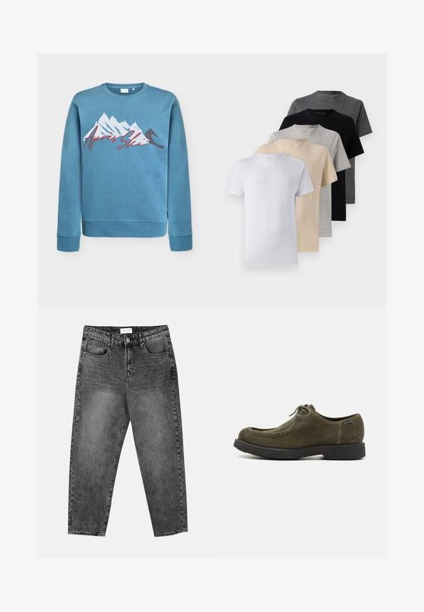 Gai zils džemperis ar kalnu un slēpotāja attēlu, uzraksts "Après Ski" sarkanā kursīvā. Apaļa kakla izgriezums un ribotās piedurknes un malums. Kokvilnas maisījuma materiāls.; Piecu īsām piedurknēm T-kreklu komplekts baltā, bēšā, gaiši pelēkā, tumši pelēkā un melnā krāsā. Izgatavoti no gludas kokvilnas, ar apaļu kakla izgriezumu.; Melnās mazgātās taisnās kājas džinsas ar priekšējiem un aizmugurējiem kabatām, josta cilpām un pogu aizdari jostasvietā.; Tumši zaļi zamšādas apavi ar gludu tekstūru, ar noapaļotu pirkstu, izšūtām akcentētām detaļām un melnu gumijas zoli.