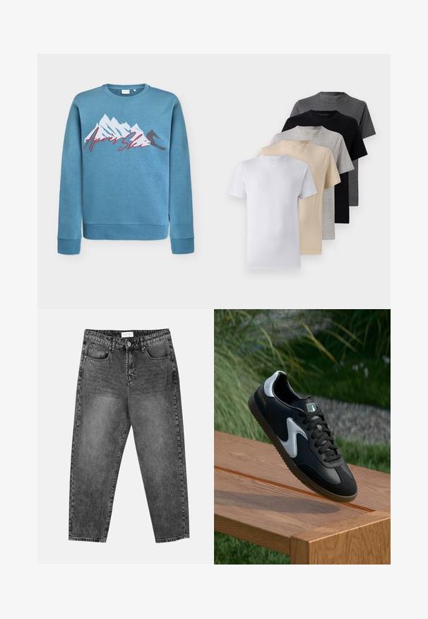 Světle modrý sweatshirt s grafikou hor a lyžaře, nápis "Après Ski" červenou kurzívou. Kulatý výstřih a žebrované manžety a lem. Materiál směs bavlny.; Sada pěti triček s krátkým rukávem v bílé, béžové, světle šedé, tmavě šedé a černé barvě. Vyrobena z hladké bavlny, s designem kulatého výstřihu.; Černé prané rovné džíny s předními a zadními kapsami, poutky na opasek a knoflíkovým zapínáním v pase.; Černo-bílé sportovní boty s hladkým koženým svrškem, texturovanou podrážkou a kontrastními akcenty. Obsahují logo na boku a šněrování.