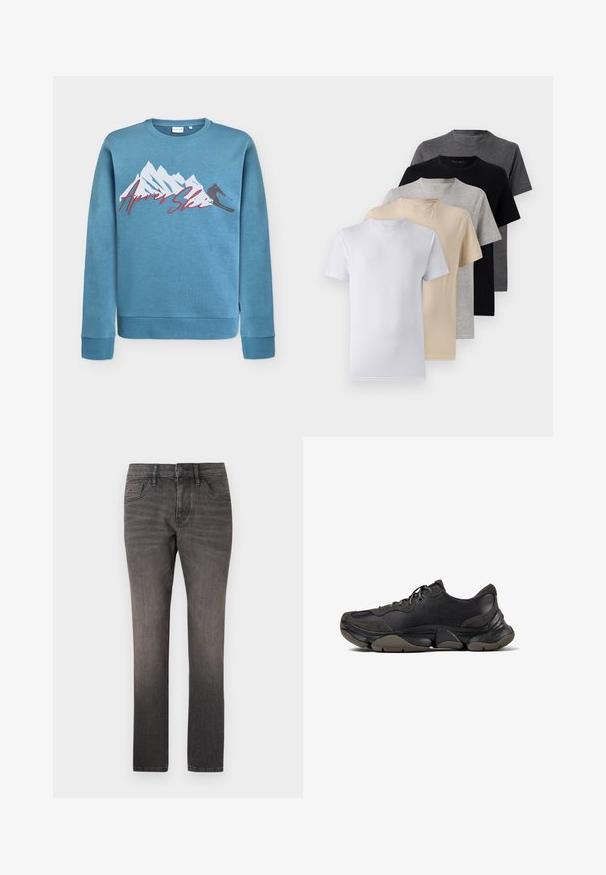 Lichtblauwe sweatshirt met grafiek van een berg en skieur, "Après Ski" in rode cursieve letters. Ronde halslijn en ribgebreide manchetten en zoom. Katoenmix materiaal.; Set van vijf T-shirts met korte mouwen in wit, beige, lichtgrijs, donkergrijs en zwart. Gemaakt van gladde katoen en voorzien van een ronde hals.; TOM TAILOR JOSH - Straight leg jeans - used dark stone black denim; Zwarte sportieve sneaker met een gestructureerde zool, leren en suède bovenwerk, gevoerde kraag en vetersluiting, getoond in zijprofiel.