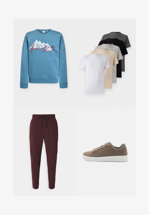 Hellblaues Sweatshirt mit Grafik von Bergen und Skifahrer, "Après Ski" in roter Schreibschrift. Rundhalsausschnitt und gerippte Bündchen sowie Saum. Baumwoll-Mischgewebe.; Set aus fünf Kurzarm-T-Shirts in Weiß, Beige, Hellgrau, Dunkelgrau und Schwarz. Hergestellt aus glattem Baumwollmaterial, mit Rundhalsausschnitt.; Burgunderfarbene Jogginghose aus weichem Stoff, mit einem elastischen Bund, verstellbarem Kordelzug und schmal zulaufenden, gerippten Beinen. Keine Muster oder Verzierungen.; Braune Wildledersneaker mit flachen weißen Gummisohlen, Schnürdesign, abgerundete Zehen und einer glatten Textur. Minimalistischer Stil mit dezenten Nähdetails.