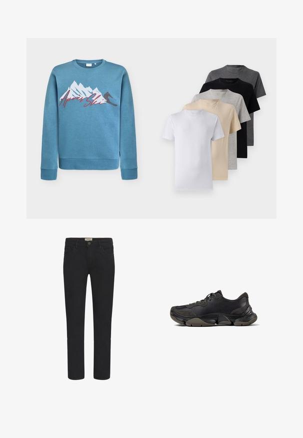 Svijetloplavi dukserica s grafikom planine i skijaša, natpis "Après Ski" u crvenoj kurzivi. Okrugli izrez i rebrasti rukavi i rub. Materijal od mješavine pamuka.; Set od pet majica s kratkim rukavima u bijeloj, bež, svijetlo sivoj, tamno sivoj i crnoj boji. Izrađene su od glatkog pamuka, s dizajnom okruglog izreza.; Crne traperice s ravnim krojem, dizajnom s pet džepova i prednjim kopčanjem na gumbe. Glatka tekstura s suptilnim detaljima šavova.; Crne atletske tenisice s teksturiranom potplatnom, gornjim dijelom od kože i antilopa, podstavljenim ovratnikom i vezanjem, prikazane u profilu sa strane.