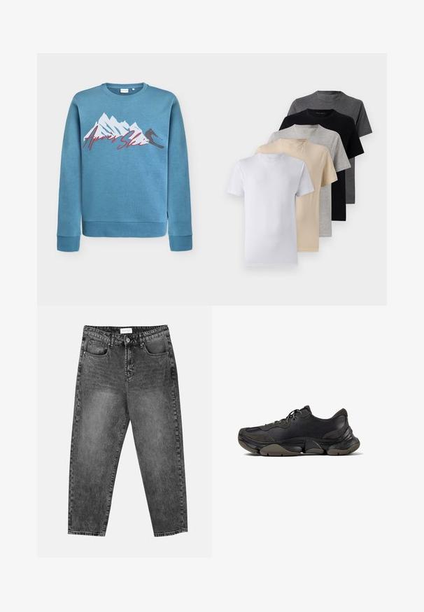 Felpa azzurra chiara con grafica di montagna e sciatore, "Après Ski" in corsivo rosso. Collo tondo e polsini e orlo a coste. Materiale in misto cotone.; Set di cinque t-shirt a manica corta in bianco, beige, grigio chiaro, grigio scuro e nero. Realizzate in cotone morbido, con design a girocollo.; Jeans neri con lavaggio, a gamba dritta, con tasche frontali e posteriori, passanti per cintura e chiusura a bottone in vita.; Sneaker atletico nero con suola testurizzata, tomaia in pelle e scamosciato, collo imbottito e chiusura con lacci, mostrato in profilo laterale.