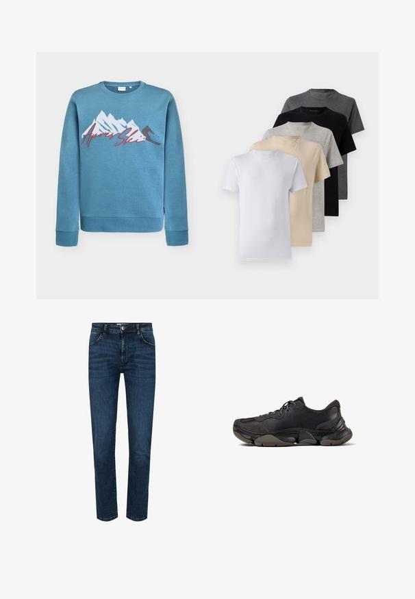 Hanorac de culoare albastru deschis, cu un grafic cu munți și un schior, inscripționat "Après Ski" cu literă cursivă roșie. Guler rotund și manșete și tiv din material rib. Material din amestec de bumbac.; Set de cinci tricouri cu mânecă scurtă în alb, bej, gri deschis, gri închis și negru. Fabricate din bumbac fin, cu un design de gât rotund.; Jeans din denim albastru închis, cu croială dreaptă, design cu cinci buzunare și închidere cu nasture. Cusături întărite pe margini și un ușor efect de decolorare.; Adidași sport negri cu talpă texturată, partea superioară din piele și suede, guler captusit și închidere cu șireturi, prezentati în profil lateral.