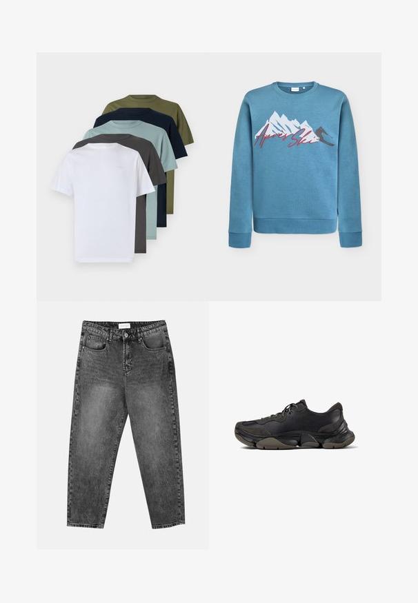 Vaaleansininen huppari, jossa on vuori- ja suksij grafikointi, ja "Après Ski" punaisella kursiivilla. Pyöreä kaula-aukko ja ribatut hihansuut sekä helma. Puuvillaseosmateriaali.; Kuusi lyhythihaista pyöreäkaulaista t-paitaa valkoisena, tummanharmaana, vaaleansinisenä, laivastonsinisenä, oliivinvihreänä ja tummanvihreänä, esittelemässä tasaisia värejä ja puuvillamateriaalia.; Mustat pesetyt suorat farkut, joissa on etu- ja takataskut, vyölenkit ja nappisuljenta vyötäröllä.; Musta urheilukengät, joissa on tekstuuripohja, nahasta ja mokasta valmistettu päällinen, pehmustettu nilkka, ja nauhakiinnitys, esitetty sivuprofiilissa.