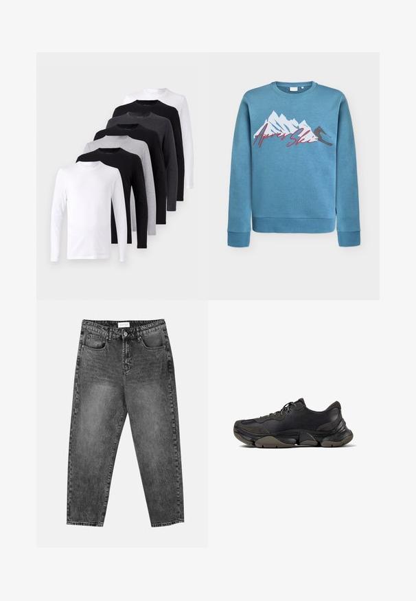 Light blue sweatshirt featuring mountain and skier graphic, "Après Ski" in red cursive. Round neckline and ribbed cuffs and hem. Cotton blend material.; Long-sleeve T-shirt set in black, white, and gray colors. Cotton material, crew neck design, smooth texture without patterns or accents.; Black washed straight-leg jeans with front and back pockets, belt loops, and a button closure at the waist.; Black athletic sneaker with textured sole, leather and suede upper, padded collar, and lace-up closure, shown in side profile.