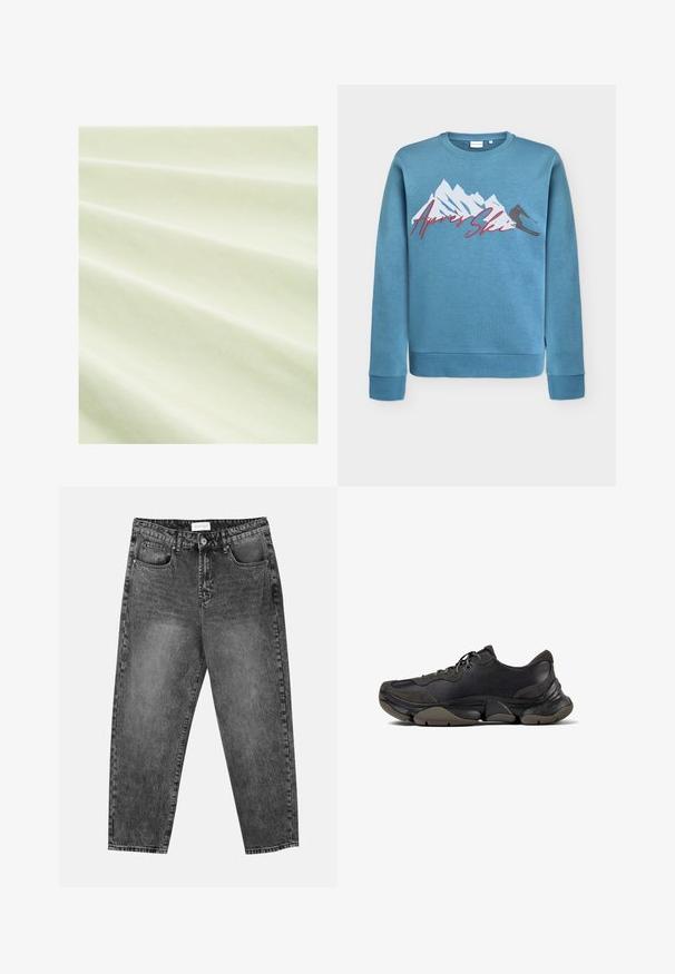 Ljusblå sweatshirt med motiv av berg och skidåkare, "Après Ski" i röd kursiv. Rund halsringning och ribbade muddar och nederkant. Tillverkad av bomullsblandning.; Ljusgrön tyg med en slät textur, som visar grunda veck. Materialet verkar lätt och något reflekterande under mjukt ljus.; Svart tvättade raka jeans med fram- och bakfickor, hällor för bälte och knappstängning i midjan.; Svart atletisk sneakersko med texturerad sula, överdel i läder och mocka, vadderad krage och snörning, visad i sidoprofil.