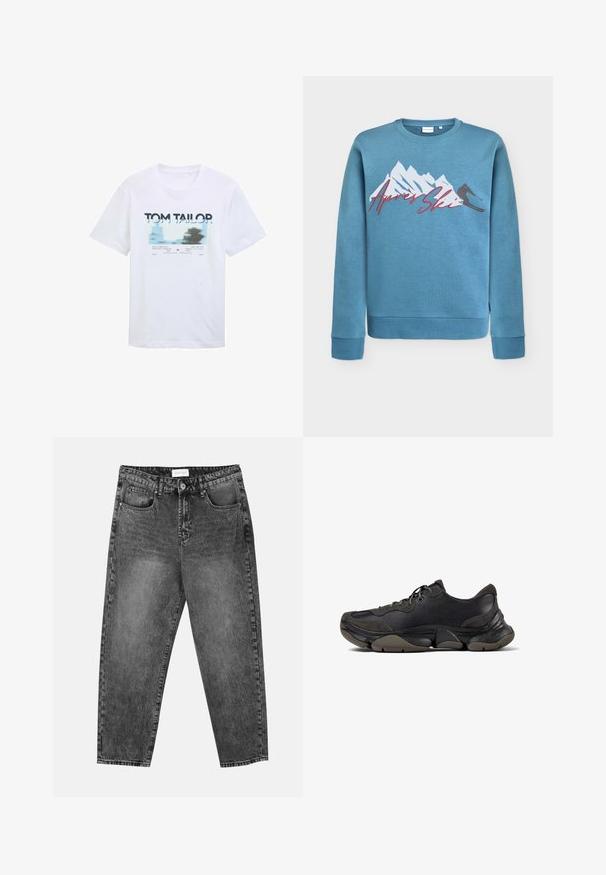 Svijetloplavi dukserica s grafikom planine i skijaša, natpis "Après Ski" u crvenoj kurzivi. Okrugli izrez i rebrasti rukavi i rub. Materijal od mješavine pamuka.; Bijela pamučna majica s plavim i crnim grafičkim printom i natpisom. Kratki rukavi i okrugli izrez, ležeran kroj.; Crne oprane traperice ravnog kroja s prednjim i stražnjim džepovima, petljama za remen i zatvaranjem na gumb u struku.; Crne atletske tenisice s teksturiranom potplatnom, gornjim dijelom od kože i antilopa, podstavljenim ovratnikom i vezanjem, prikazane u profilu sa strane.