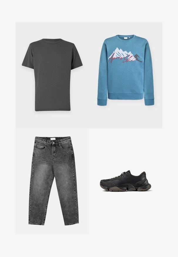 Hellblaues Sweatshirt mit Grafik von Bergen und Skifahrer, "Après Ski" in roter Schreibschrift. Rundhalsausschnitt und gerippte Bündchen sowie Saum. Baumwoll-Mischgewebe.; Dunkelgraues Rundhals-T-Shirt mit kurzen Ärmeln, aus weichem Stoff hergestellt. Verfügt über ein dezentes Logo auf der Vorderseite, glatte Textur mit minimalen Nähten.; Schwarz gewaschene gerade Jeans mit vorderen und hinteren Taschen, Gürtelschlaufen und einem Knopfverschluss an der Taille.; Schwarzer Sportschuh mit strukturiertem Sohle, Obermaterial aus Leder und Wildleder, gepolstertem Kragen und Schnürverschluss, im seitlichen Profil dargestellt.