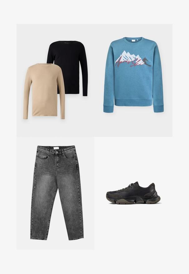 Svetlo modra majica s printom gore in smučarja,"Après Ski" v rdečem kurzivnem tisku. Okrogli izrez in rebrasti manšeti ter rob. Mešanica bombaža.; Dve majice z dolgimi rokavi: ena v bež barvi in ena v črni barvi. Mehka, raztegljiva tkanina z okroglimi ovratniki in minimalističnim dizajnom.; Črne jeanse ravnega kroja z sprednjimi in zadnjimi žepi, zankami za pas in gumbom za zapiranje na pasu.; Črne atletske tenisice z strukturiranim podplatom, zgornjim delom iz usnja in semiša, oblazinjenim ovratnikom in vezalkami, prikazane v stranskem profilu.