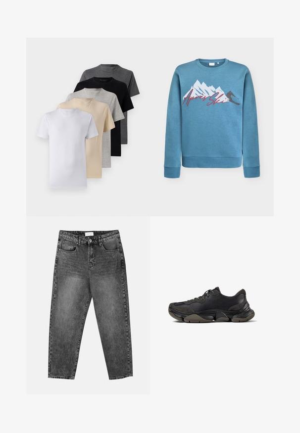 Lyseblå sweatshirt med grafik af bjerg og skiløber, "Après Ski" i rød kursiv. Rund halsudskæring og ribstrikkede manchetter og kant. Blanding af bomuld.; Sæt af fem kortærmede t-shirts i hvid, beige, lys grå, mørk grå og sort. Fremstillet af glat bomuld med rund halsudskæring.; Sorte vasket straight-leg jeans med for- og baglommer, bæltestropper og knaplukning i taljen.; Sort atletisk sneakers med tekstureret sål, overdel i læder og ruskind, polstret krave og snørebånd, vist i sideprofil.