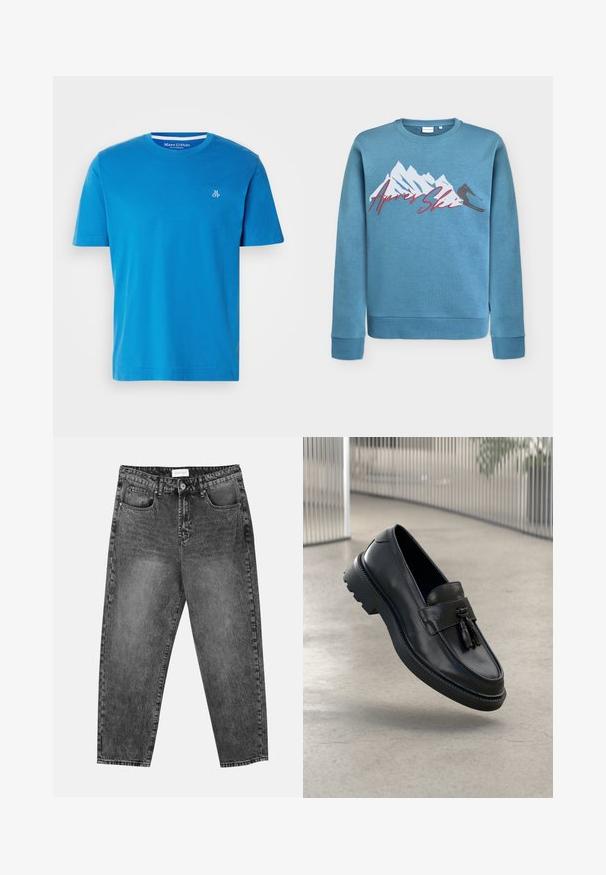 Světle modrý sweatshirt s grafikou hor a lyžaře, nápis "Après Ski" červenou kurzívou. Kulatý výstřih a žebrované manžety a lem. Materiál směs bavlny.; Tričko s krátkým rukávem v jasně modré barvě z bavlny, s kulatým výstřihem a malým bílým vyšitým logem na levém prsu.; Černé prané rovné džíny s předními a zadními kapsami, poutky na opasek a knoflíkovým zapínáním v pase.; Černé kožené mokasíny s hladkým povrchem, dekorativní střapec, silná gumová podrážka a prošité detaily. Lehký a elegantní design.