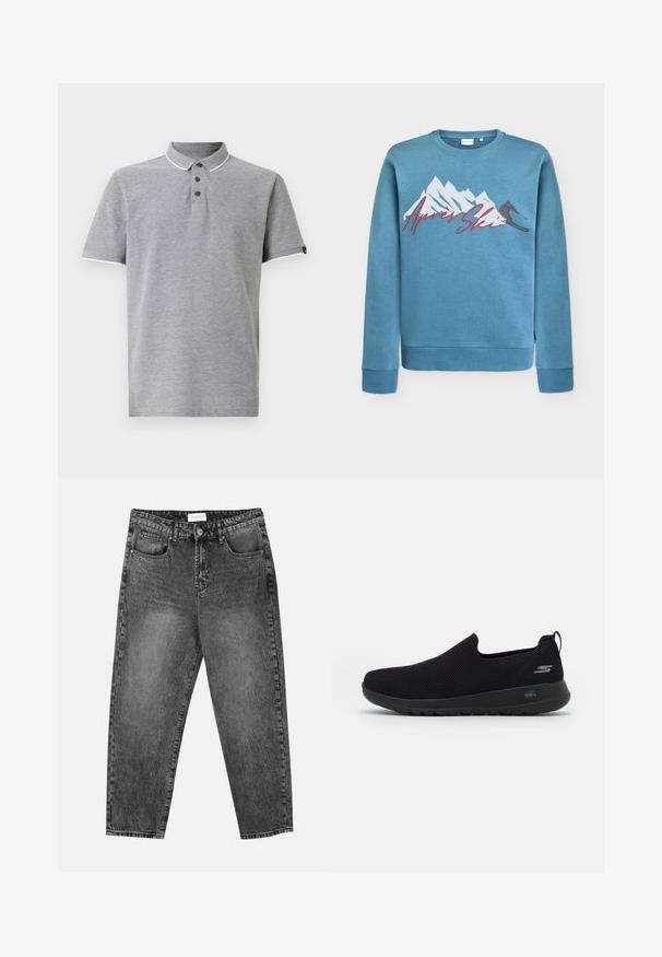 Lyseblå sweatshirt med grafik af bjerg og skiløber, "Après Ski" i rød kursiv. Rund halsudskæring og ribstrikkede manchetter og kant. Blanding af bomuld.; Grå polo shirt med krave, der har en tre-knaps lukning, hvide detaljer på kraven og ærmerne, samt en blød overflade.; Sorte vasket straight-leg jeans med for- og baglommer, bæltestropper og knaplukning i taljen.; Sorte slip-on sneakers med en åndbar mesh-overdel, rund tå og polstret gummisål. Har et logo på siden.