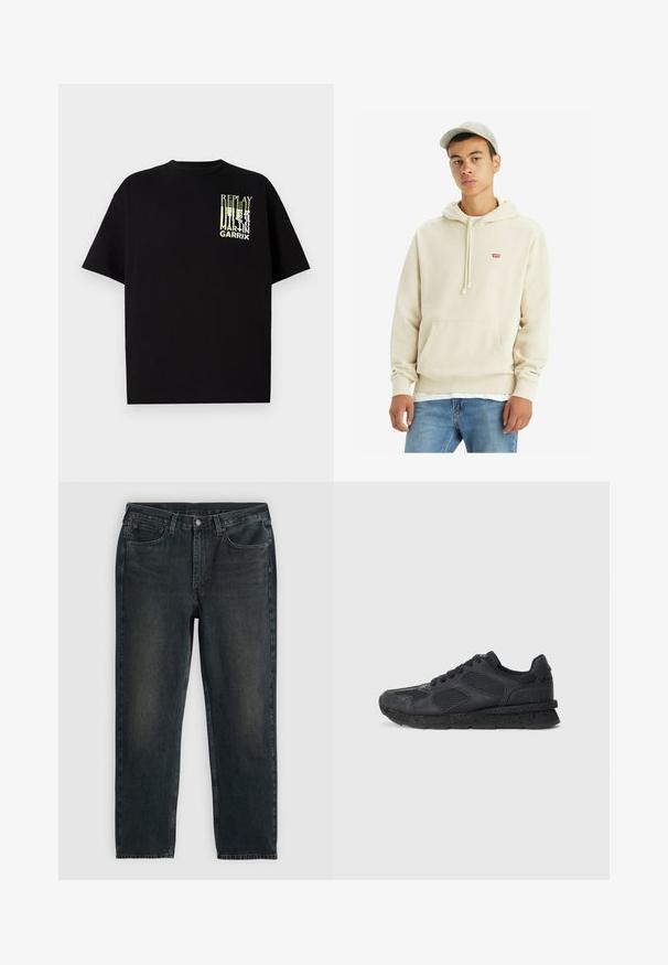 Sweatshirt cor creme feito de algodão, com um bolso frontal, capuz com cordão e um pequeno logótipo vermelho. Usado com Jeans azul claro.; T-shirt de algodão preta com mangas curtas, apresentando um gráfico multicolorido que inclui o texto "REPLAY MARTIN GARRIX" no peito.; Calças de ganga pretas com corte reto, design de cinco bolsos e detalhes de desbotamento subtil. Apresentam um fecho de botão e zip.; Replay ARTHUR ATOM - Sapatilhas - black