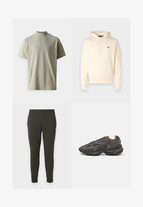 Kreemivärvi kapuutsiga särk, mis on valmistatud pehmest kangast, sisaldab känguru taskut, soonikvarrukaid ja väikest rohelist logo rinnal.; Samsøe Samsøe NORSBRO - Lihtne T-särk - taupe; Tumedad rohelised joggingupüksid pehmest kangast, millel on elastne vöökoht, soonikkoes varrukad ja väike logo küljes.; Tumed hallid Lacoste tossud, mis on valmistatud võrkkangast ja sünteetilisest materjalist, omavad tekstureeritud talla ning pruune aktsente kaeluse ja brändingu juures.