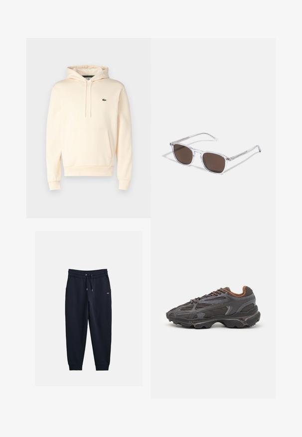 Sweatshirt de cor creme feito de um tecido suave, com um bolso canguru, punhos canelados e um pequeno logótipo verde no peito.; Sweatpants azul-marinho feitos de tecido suave, com cintura elástica com cordão, bolsos laterais e punhos canelados.; Ténis Lacoste em cinza-escuro com material em malha e sintético, apresentando uma sola texturizada e detalhes castanhos na gola e na marca.; Óculos de sol transparentes com lentes retangulares castanhas, apresentando hastes finas e transparentes e detalhes em metal nas laterais.