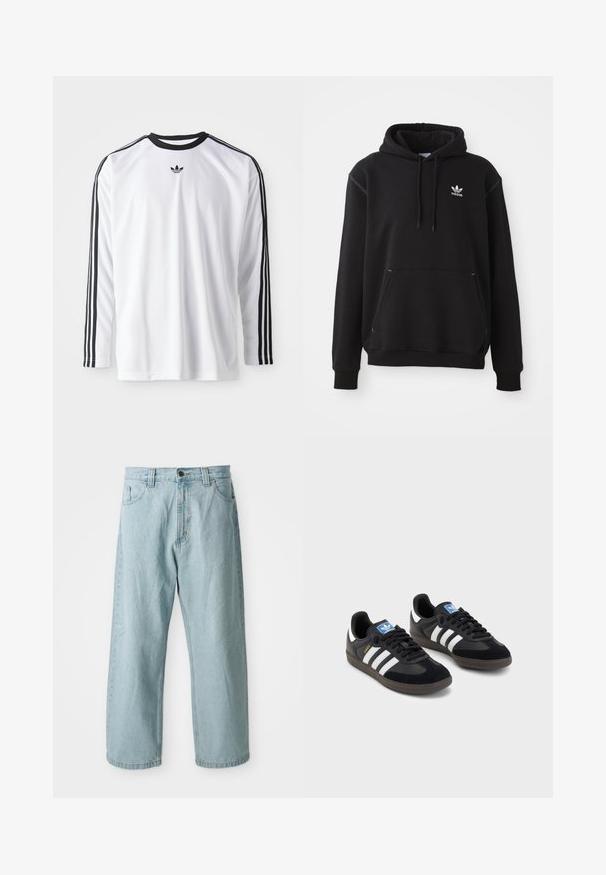 Sweatshirt preto em algodão com bolso canguru, logo da Adidas branquíssimo, punhos e bainha canelados, apresentando capuz com cordão e acabamentos costurados.; Camisa de manga longa branca, feita de tecido macio, com detalhes em preto, apresentando três riscas pretas nas mangas e um pequeno logotipo preto.; Jeans de ganga azul claro com um design de perna larga. Apresenta cinco bolsos, fecho frontal com botão e zipper, e uma textura ligeiramente desbotada.; Sneakers pretos com parte superior em camurça e sintético, apresentando três riscas brancas, sola de borracha texturizada e etiqueta azul no linguete.