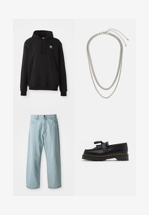 Sudadera de algodón negra con bolsillo tipo canguro, logo de Adidas en blanco, puños y dobladillo acanalados, con capucha ajustable y detalles cosidos.; Jeans de mezclilla azul claro con diseño de pierna ancha. Cuenta con cinco bolsillos, cierre frontal con botón y cremallera, y textura ligeramente desgastada.; Mocasín de cuero negro con un acento de borlas, que presenta una suela gruesa negra y costuras amarillas a lo largo del borde. Acabado texturizado.; Collar de metal plateado de tres capas que presenta cadenas flexibles y elegantes con un ligero brillo, asegurado con un cierre de langosta y cadena ajustable.