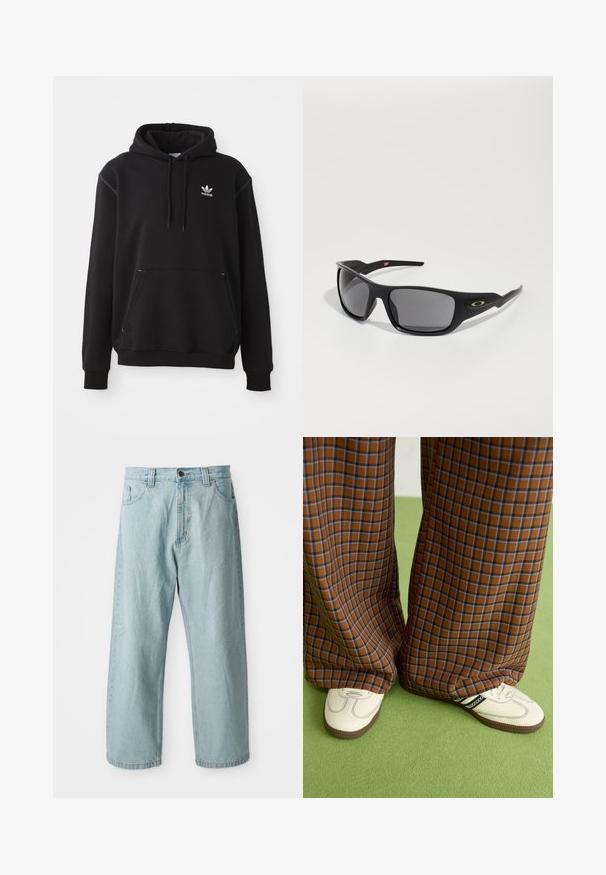 Sweatshirt preto em algodão com bolso canguru, logo da Adidas branquíssimo, punhos e bainha canelados, apresentando capuz com cordão e acabamentos costurados.; Jeans de ganga azul claro com um design de perna larga. Apresenta cinco bolsos, fecho frontal com botão e zipper, e uma textura ligeiramente desbotada.; Calças largas em padrão xadrez castanho e azul, combinadas com sapatos brancos com detalhes pretos e solas texturizadas, contra um fundo verde.; Óculos de sol pretos com forma retangular, feitos de plástico durável, com lentes cinzas e um detalhe dourado na lateral.