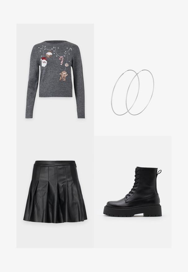 JDY JDYTWINKLE XMAS O NECK PULLOVER - Džemperis - medium grey melange; Melna ādas svārki ar izsistām krokām, strukturētu jostasvietu un plašu siluetu. Gluda tekstūra un tīras līnijas visā apģērbā. Rāvējslēdzēja aizdares aizmugurē.; Melni ādas potītēm zābaki ar apļveida purngalu, auklām priekšpusē un biezu gumijas zoli ar teksturētu protektoru. Velkšanas cilpa aizmugurē.; Sudraba gredzenveida auskari ar minimālistisku dizainu. Cirkulāra forma, gluda tekstūra un plāns profils. Vieglu svaru ar spīdīgu apdari.