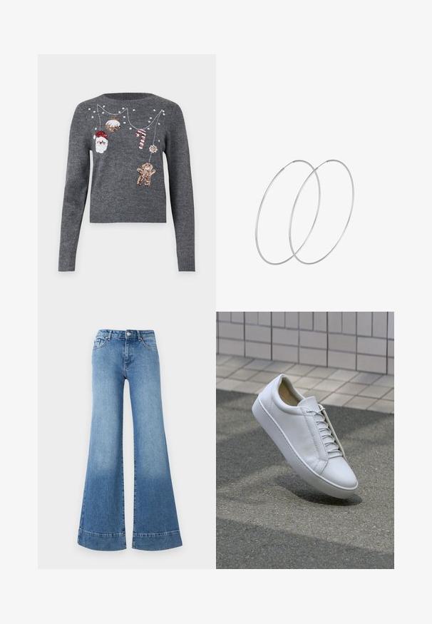 JDY JDYTWINKLE szary; Jasnoniebieskie dżinsy w stylu dzwonów z wysokim stanem, szerokimi nogawkami i lekkim wyblaknięciem. Posiadają klasyczny, pięcio-kieszeniowy krój oraz metalowe zapięcie.; Białe skórzane sneakersy z okrągłym noskiem, płaską podeszwą i sześcioma parami otworów na sznurówki. Gładka faktura i minimalistyczny design z detalami szycia.; Srebrne kolczyki w formie obręczy o minimalistycznym designie. Okrągły kształt, gładka faktura i cienki profil. Lekkie, z polerowanym wykończeniem.