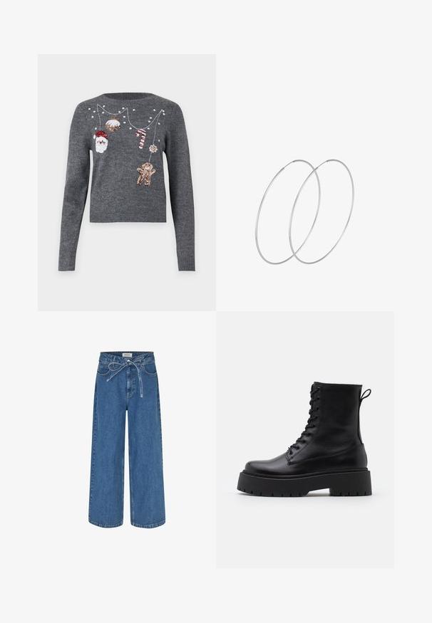 JDY JDYTWINKLE XMAS O NECK PULLOVER - Svetr - medium grey melange; Džíny s širokými nohavicemi v středně modré barvě, s elastickým pasem na šňůrku, tradičním designem pěti kapes a hladkým, mírně strukturovaným povrchem.; Černé kožené kotníkové boty s kulatou špičkou, šněrováním na přední straně a silnou gumovou podešví s texturovaným vzorkem. S poutkem vzadu.; Stříbrné kruhové náušnice s minimalistickým designem. Kruh, hladký povrch a tenký profil. Lehká konstrukce s lesklým povrchem.