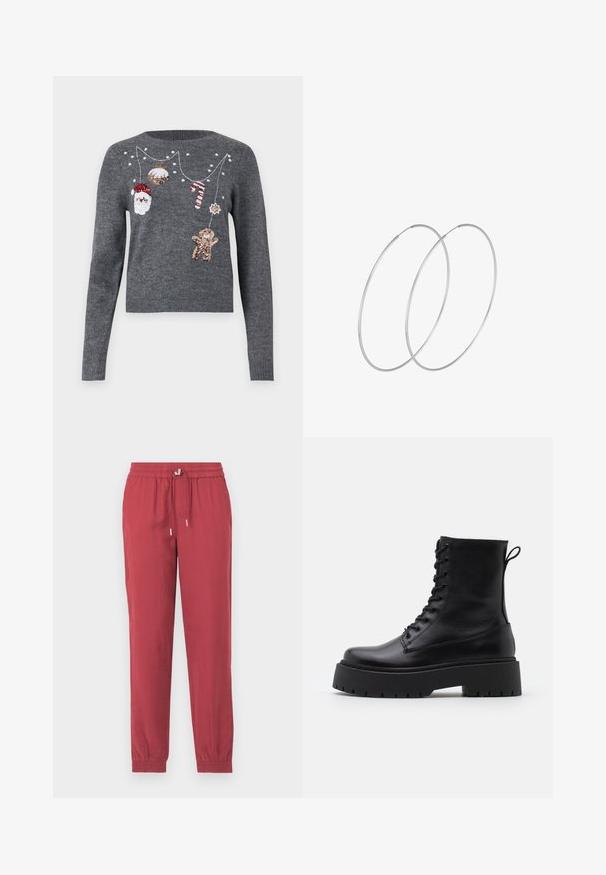 JDY JDYTWINKLE XMAS O NECK PULLOVER - Strickpullover - medium grey melange; Rote, leichte, taillierte Hosen mit elastischem Bund und Kordelzug. Mit Knöchelabschlüssen und glatter Textur.; Schwarze Lederstiefeletten mit runder Zehenpartie, Schnürung vorne und einer dicken Gummisohle mit strukturiertem Profil. Mit Zugschlaufe an der Rückseite.; Silberne Creolen mit minimalistischem Design. Rundform, glatte Oberfläche und dünnes Profil. Leichtgewichtig mit hochglänzender Oberfläche.