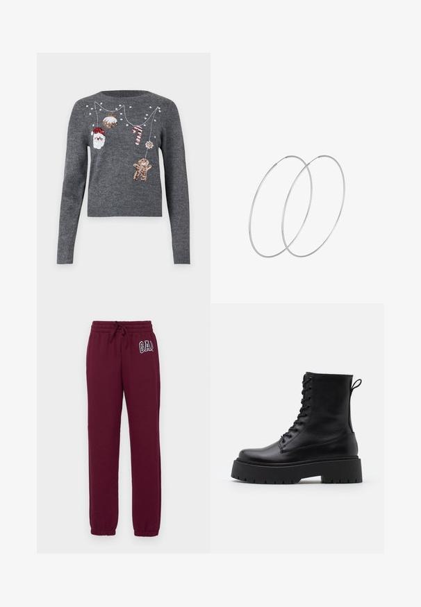 JDY JDYTWINKLE XMAS O NECK PULLOVER - Stickad tröja - medium grey melange; Gap Tall HERITAGE JOGGER - Träningsbyxor - ruby wine; Svarta läderankelboots med rund tå, snörning framtill och en tjock gummisula med strukturerat mönster. Dragflik bak.; Silverfärgade hoopörhängen med en minimalistisk design. Cirkulär form, slät yta och tunn profil. Lätta med en polerad finish.