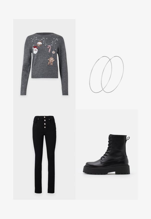 JDY JDYTWINKLE XMAS O NECK PULLOVER - Džemperis - medium grey melange; Juodos aukštu liemeniu džinsai su liesu kroviu, su penkiais sidabro snap mygtukais ir priekinėmis kišenėmis. Lygus džinsinio audinio paviršius be raštų.; Juodos odinės aulinukės su apvalia nosimi, raišteliais priekyje ir storesniu guminio pado apačioje su tekstūruotu raštu. Priekyje yra kilputė.; Sidabrinės pusmėnulio auskarai minimalistiniu dizainu. Apskritimo forma, lygus paviršius ir plonas profilis. Lengvi su poliruotu apdailu.