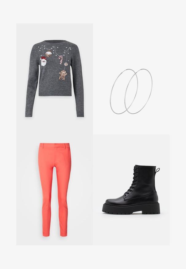 JDY JDYTWINKLE XMAS O NECK PULLOVER - Trui - medium grey melange; Koraalkleurige slim-fit broeken van gladde stof, met een ritssluiting, riemlussen en een slank ontwerp zonder zakken.; Zwarte leren enkelboots met een ronde neus, vetersluiting aan de voorkant en een dikke rubberen zool met een gestructureerd profiel. Trekbandje aan de achterkant.; Zilveren hoepel oorbellen met een minimalistisch ontwerp. Cirkelvormig, gladde textuur en dun profiel. Lichtgewicht met een gepolijste afwerking.